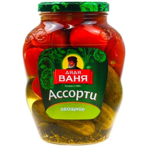 Pickled vegetables. “Assorted” (cucumbers, tomatoes). Pasteurized