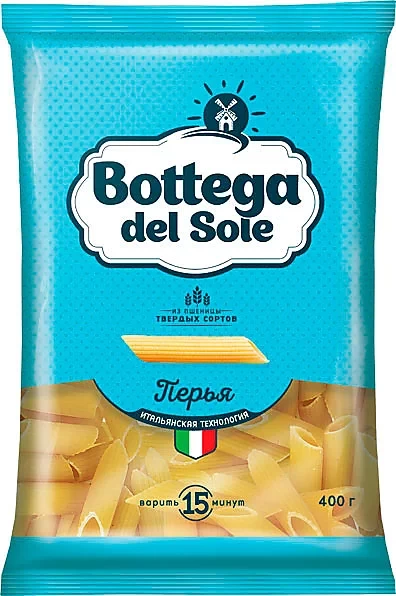 Pasta products “Bottega del Sole” from durum wheat flour, Feathers